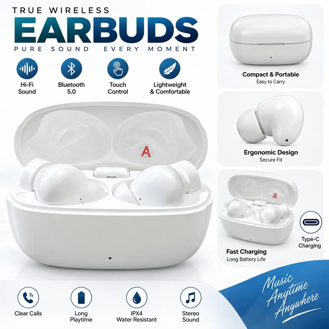 Galaxy Beans TWS Earbuds - White, Smart Touch Control - Image 3