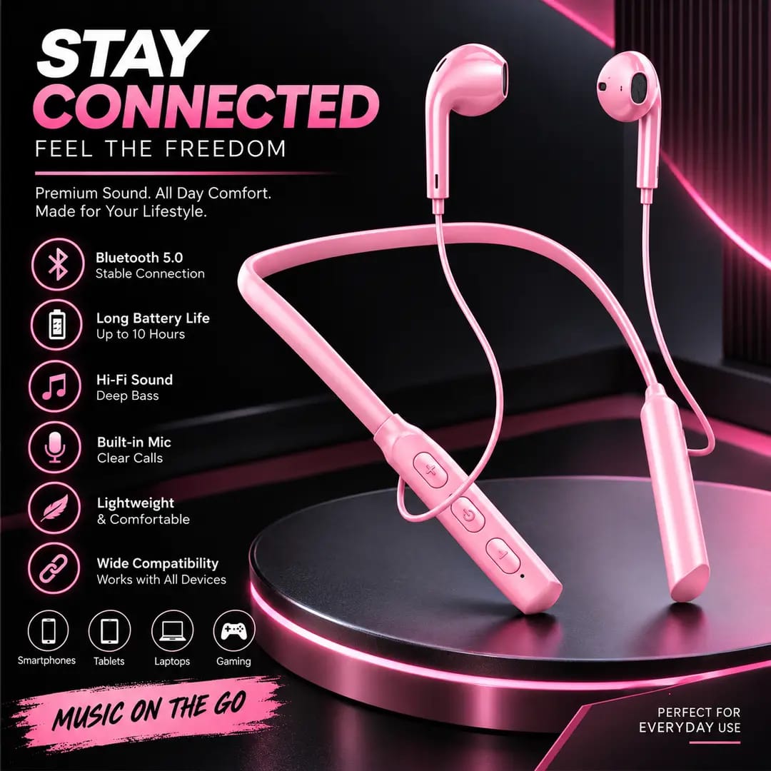 Bluetooth Neckband Earphones - 10H Battery, HiFi Bass & Built-in Mic